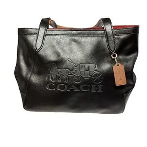 Coach Field Tote 40 Black Pebbled Leather Horse & Carriage C4063 Red Interior